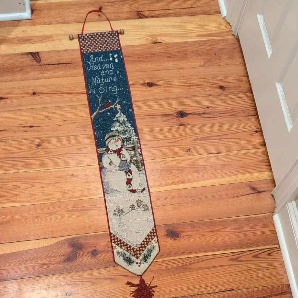 Snowman Christmas Tapestry Wall Hanging Bell Pull Signed by Sandi Gore Evans